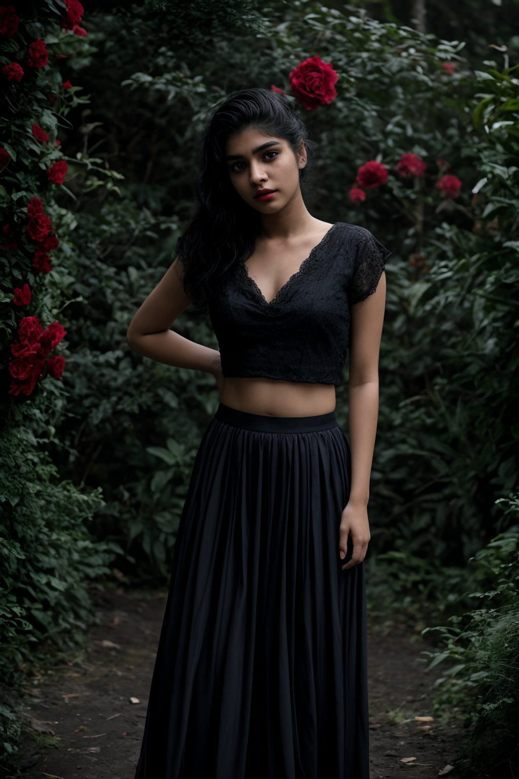 In dark night, In this stunning 8K photo, long skirt, gown, long designer blouse, a serene foggy garden sets the stage for a mesmerizing portrait of a 20-year-old Indian women. Beautiful face, attractive Big eye, Her flawless complexion glows softly under the misty atmosphere's subtle lighting, highlighting her striking features: large eyes and proper breasts. The lush green grass and vibrant red roses surrounding her create a picturesque backdrop, accentuating her natural beauty. Red, ultra realistic photography, She poses elegantly in a gorgeous long-pavada skirt in soft,Curvy girl ,Curly girl 