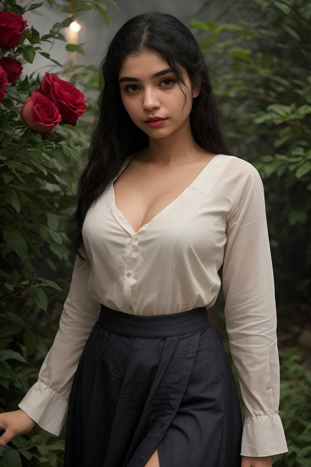 Capture a serene and enchanting portrait of a 20-year-old  woman amidst a foggy garden at night, set against a lush  grass and vibrant red roses backdrop. She wears a stunning long designer blouse, flowing pavada skirt, and soft curly hair. Softly illuminated by misty atmosphere, her flawless complexion glows, showcasing striking features: large eyes, proper breasts, and beautiful face. Focus on capturing ultra-realistic red-toned photography with a mesmerizing gaze.