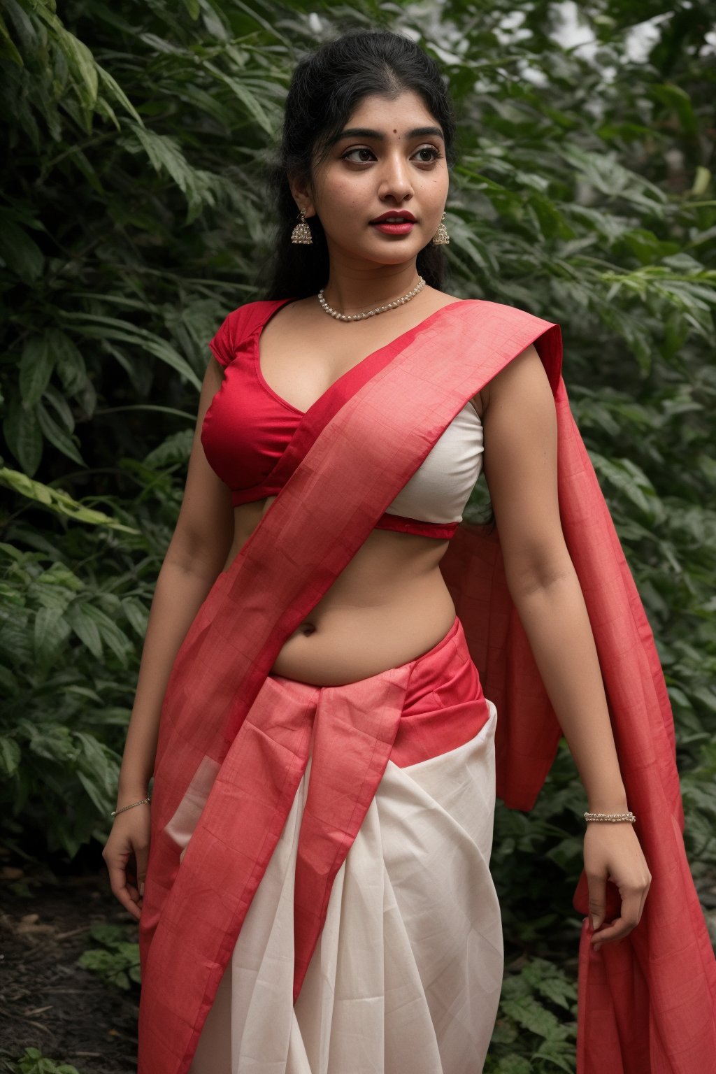 Red hair braided hair, She remove Her red saree from  navel and exposed Her big navel:2,  front view, braided hair tail, A sultry shot of a 38-year-old plump woman wearing a stunning traditional saree:2, showcasing her curvy figure. She poses solo-focused, looking directly at the viewer with alluring red hair. Her thick body is accentuated by a sleeveless dress and hotpants, while her big breasts are barely contained within the saree's folds. A pearl necklace adorns her neck, complemented by dangling earrings and a bracelet. Her lips pout slightly, inviting attention to her T-shaped navel. The background is blurry, with a ground vehicle visible in the distance. Her eyes, like perfect pearls, gaze directly at us, captivating our attention.,Saree ,Curly girl ,Curvy girl 