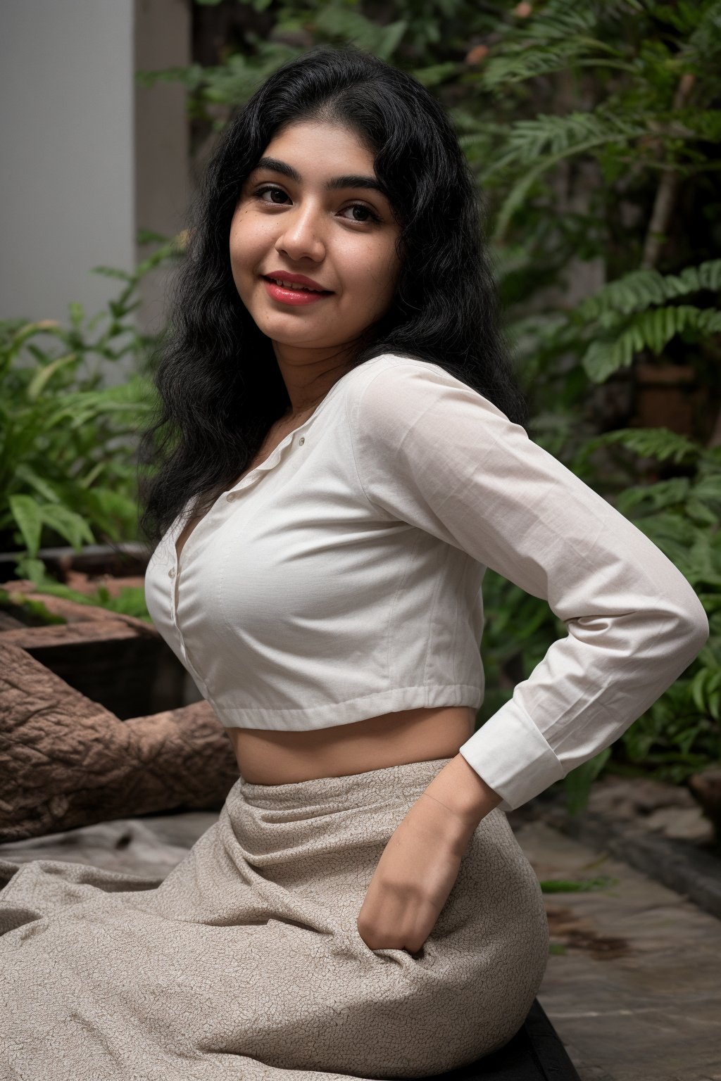 A young woman with luscious brown locks cascading down her back, donning a crisp white shirt with long sleeves and a black skirt, sits confidently in front of a lush green plant. Her dark curls frame her face as she gazes directly at the viewer, her full lips subtly curved into a gentle smile. The soft indoor lighting accentuates the warm tones of her skin and hair, creating an intimate atmosphere.,Curly girl 