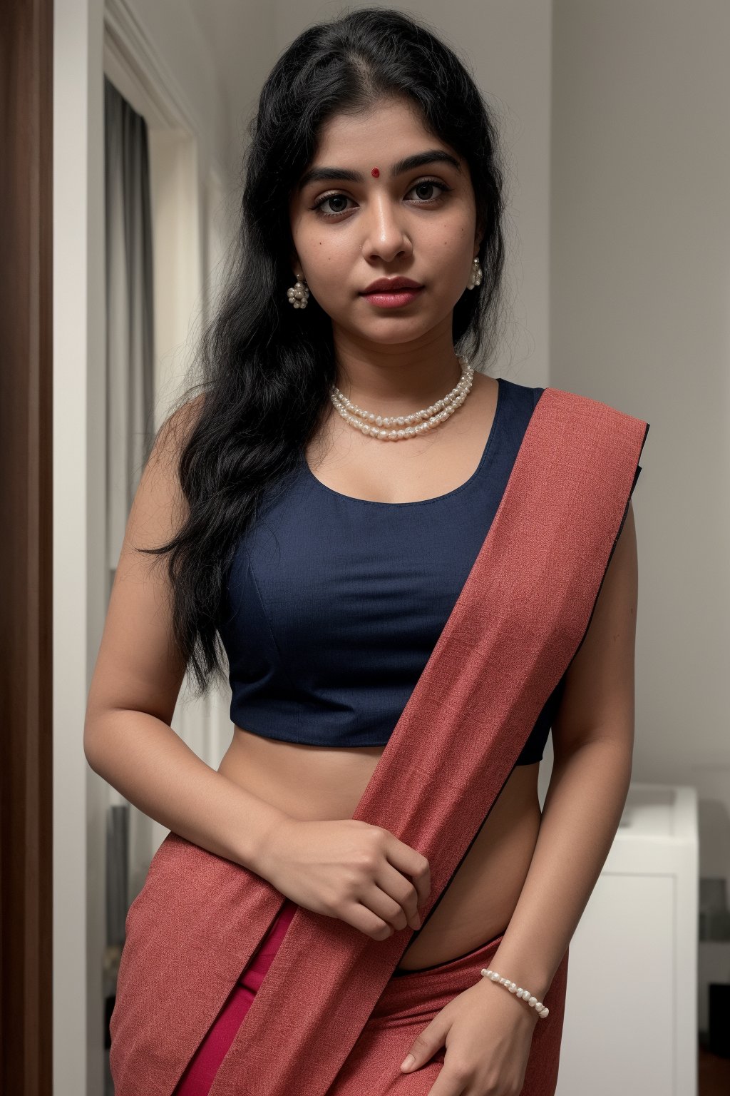 Red hair braided hair, She remove Her red saree from  navel and exposed Her big navel,  front view, braided hair tail, A sultry shot of a 18-year-old plump woman wearing a stunning traditional saree:2, showcasing her curvy figure. She poses solo-focused, looking directly at the viewer with alluring red hair. Her thick body is accentuated by a sleeveless dress and hotpants, while her big breasts are barely contained within the saree's folds. A pearl necklace adorns her neck, complemented by dangling earrings and a bracelet. Her lips pout slightly, . Her eyes, like perfect pearls, gaze directly at us, captivating our attention.,Saree ,Curly girl ,Curvy girl 