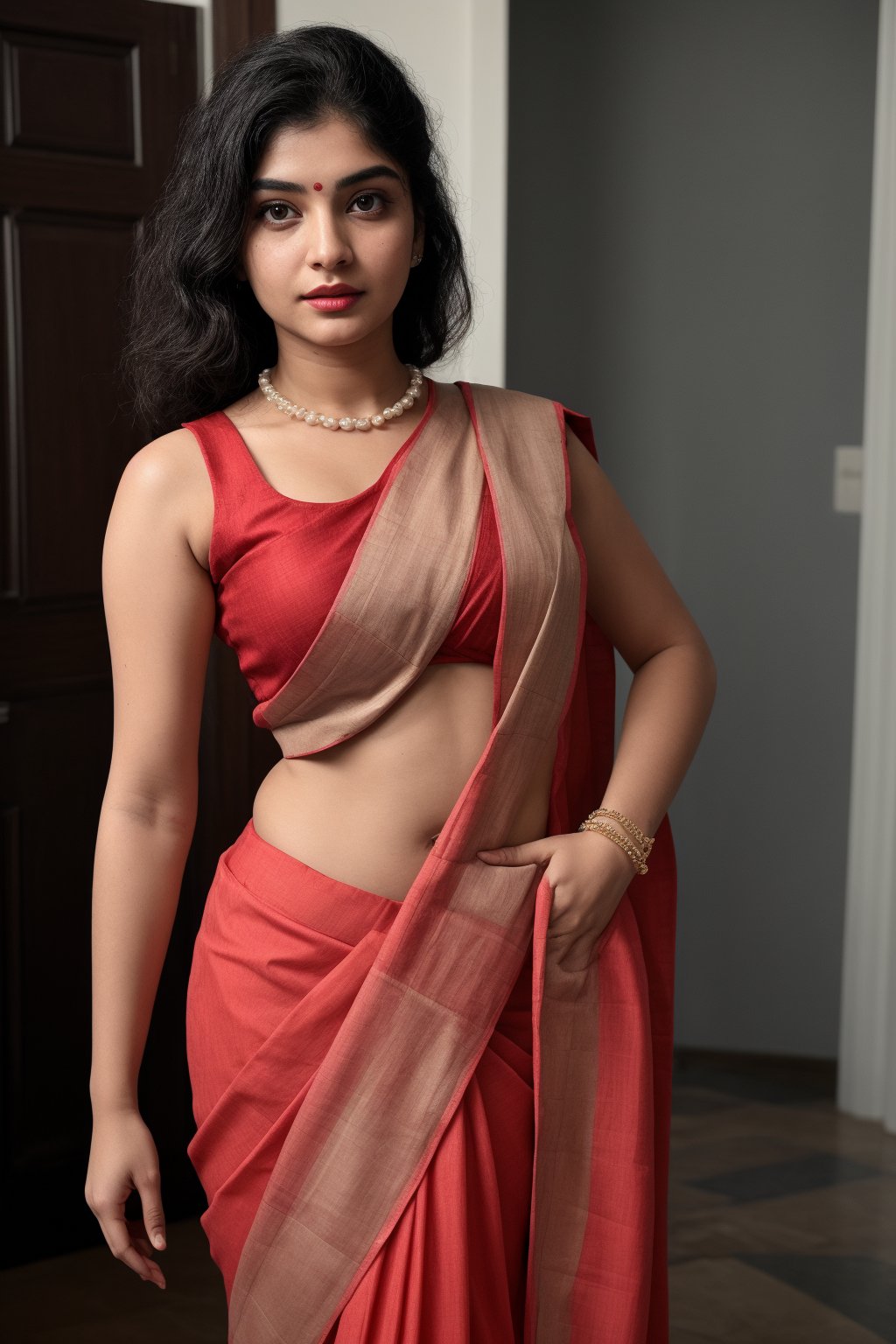 Red hair braided hair, She remove Her red saree from  navel and exposed Her big navel,  front view, braided hair tail, A sultry shot of a 18-year-old plump woman wearing a stunning traditional saree:2, showcasing her curvy figure. She poses solo-focused, looking directly at the viewer with alluring red hair. Her thick body is accentuated by a sleeveless dress and hotpants, while her big breasts are barely contained within the saree's folds. A pearl necklace adorns her neck, complemented by dangling earrings and a bracelet. Her lips pout slightly, . Her eyes, like perfect pearls, gaze directly at us, captivating our attention.,Saree ,Curly girl ,Curvy girl 