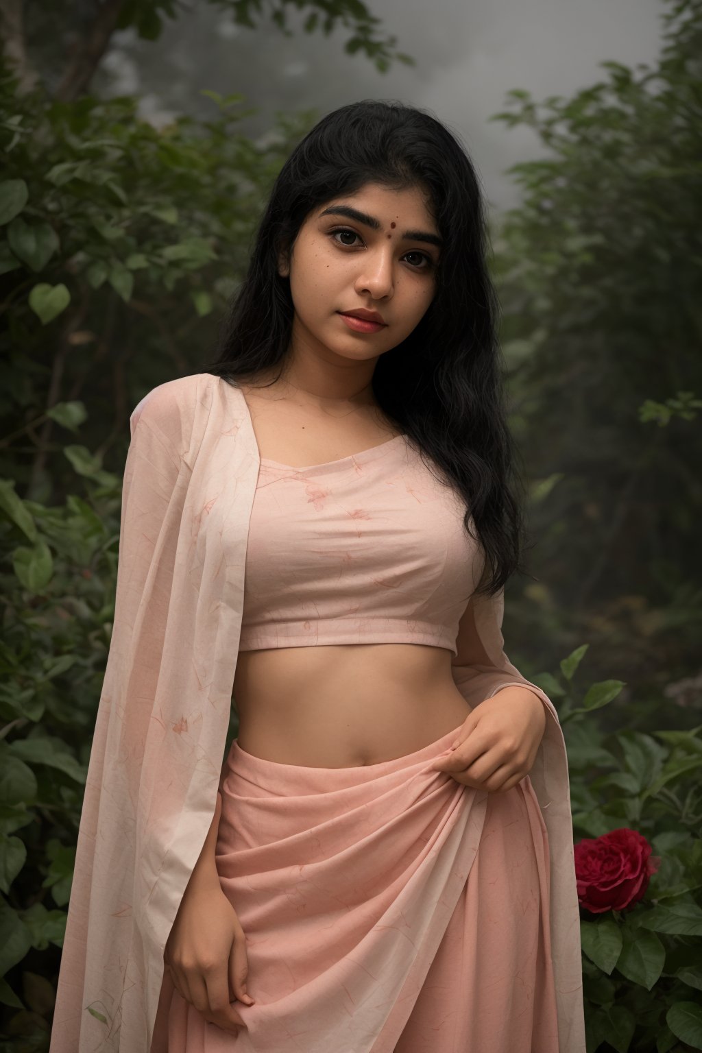 Capture a serene and enchanting portrait of a 20-year-old Indian woman amidst a foggy garden at night, set against a lush green grass and vibrant red roses backdrop. She wears a stunning long designer blouse, flowing pavada skirt, and soft curly hair. Softly illuminated by misty atmosphere, her flawless complexion glows, showcasing striking features: large eyes, proper breasts, and beautiful face. Focus on capturing ultra-realistic red-toned photography with a mesmerizing gaze.