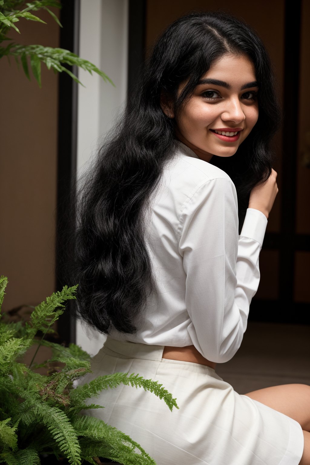 A young woman with luscious brown locks cascading down her back, donning a crisp white shirt with long sleeves and a black skirt, sits confidently in front of a lush green plant. Her dark curls frame her face as she gazes directly at the viewer, her full lips subtly curved into a gentle smile. The soft indoor lighting accentuates the warm tones of her skin and hair, creating an intimate atmosphere.,Curly girl 