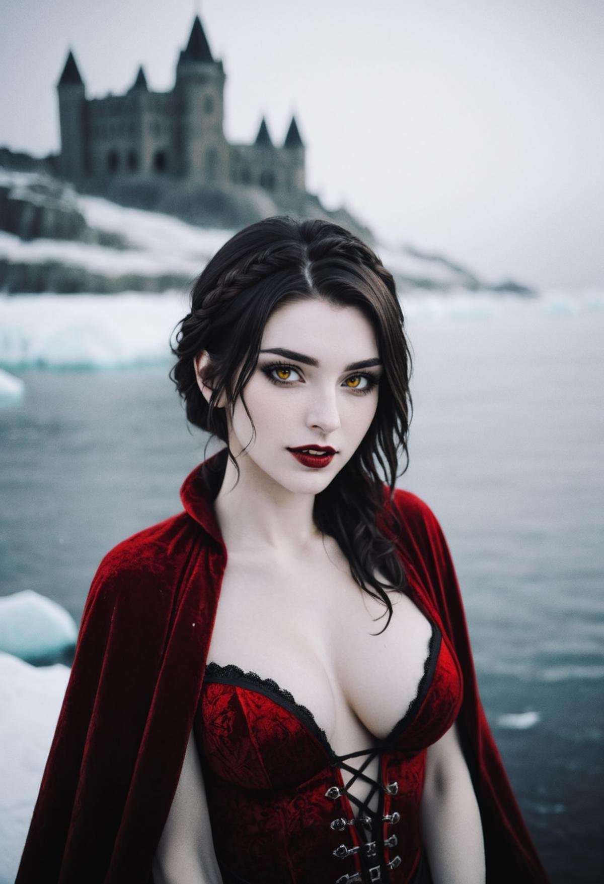 (Analog Photography), 50mm f/1.8 lens, natural lighting, beautiful Nordic female vampire, dark hair, crown_braid \(hairstyle\), pale skin, Serana \(Skyrim\), fangs, flirty expression, detailed facial features, yellow eyes, highly detailed skin, wearing velvet red royal vampire robes, (undressing), in front of castle Volkihar, artic sea, [icebergs], dark fantasy \(setting\), gothic era, emotional atmosphere, snowing, grey clouds above, cold color temperature, shallow depth of field, soft focus, portrait, film grain, photographed on a Canon AE-1, uploaded on snapchat