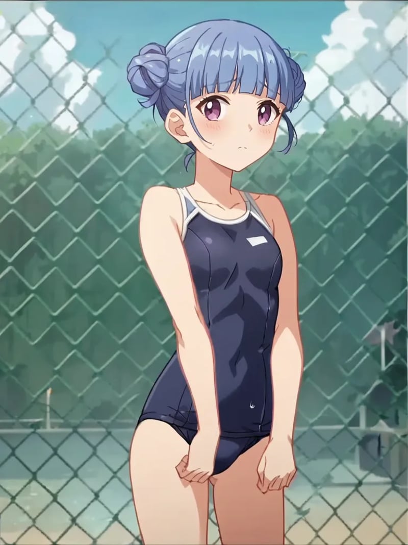 rating_safe, score_9, score_8_up, score_7_up, 2d, source_anime, anime_screencap <lora:mizumiyanenepony:1>,1girl, solo, neneingoku, blue hair, hair buns, blunt bangs, purple eyes, swimsuit, school swimsuit, outdoors, chain fence, standing, shy, looking away, night