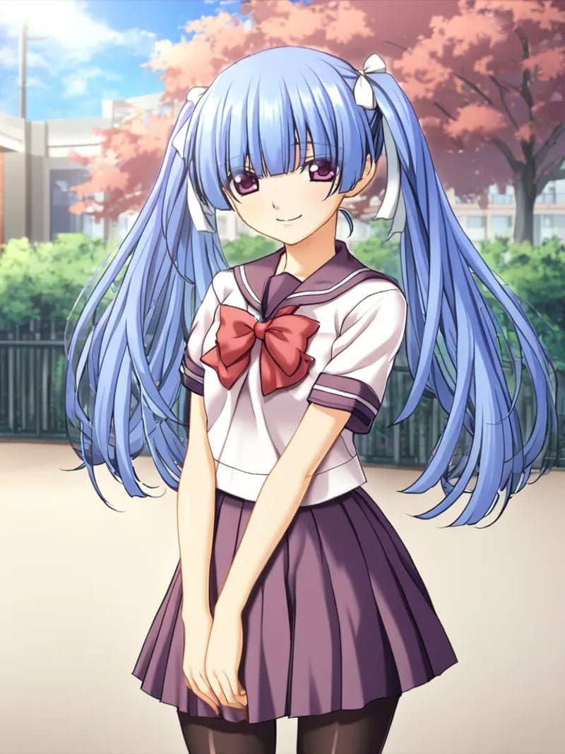 1girl, solo, mizumiyanene, blue hair, long hair, twintails, purple eyes, hair ribbon, white shirt, short sleeves, purple skirt, neck bow, school uniform, serafuku, black pantyhouse, outdoors, front of school, standing, cowboy show, smile <lora:mizumiyaneneingokuXL:1>