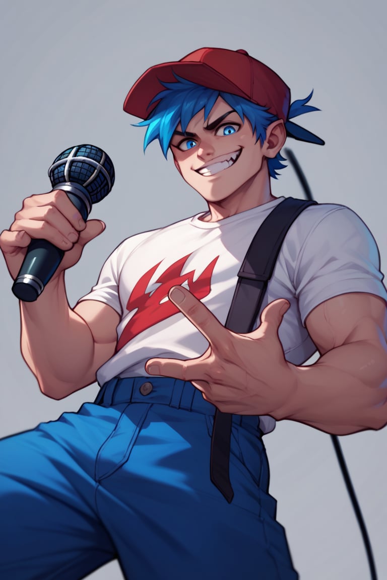 Score_9_up,score_8_up,score_7_up,score_tag,A boy, blue hair, blue eyes, red cap, white shirt, blue pants, microphone in his hand, evil smile, alone