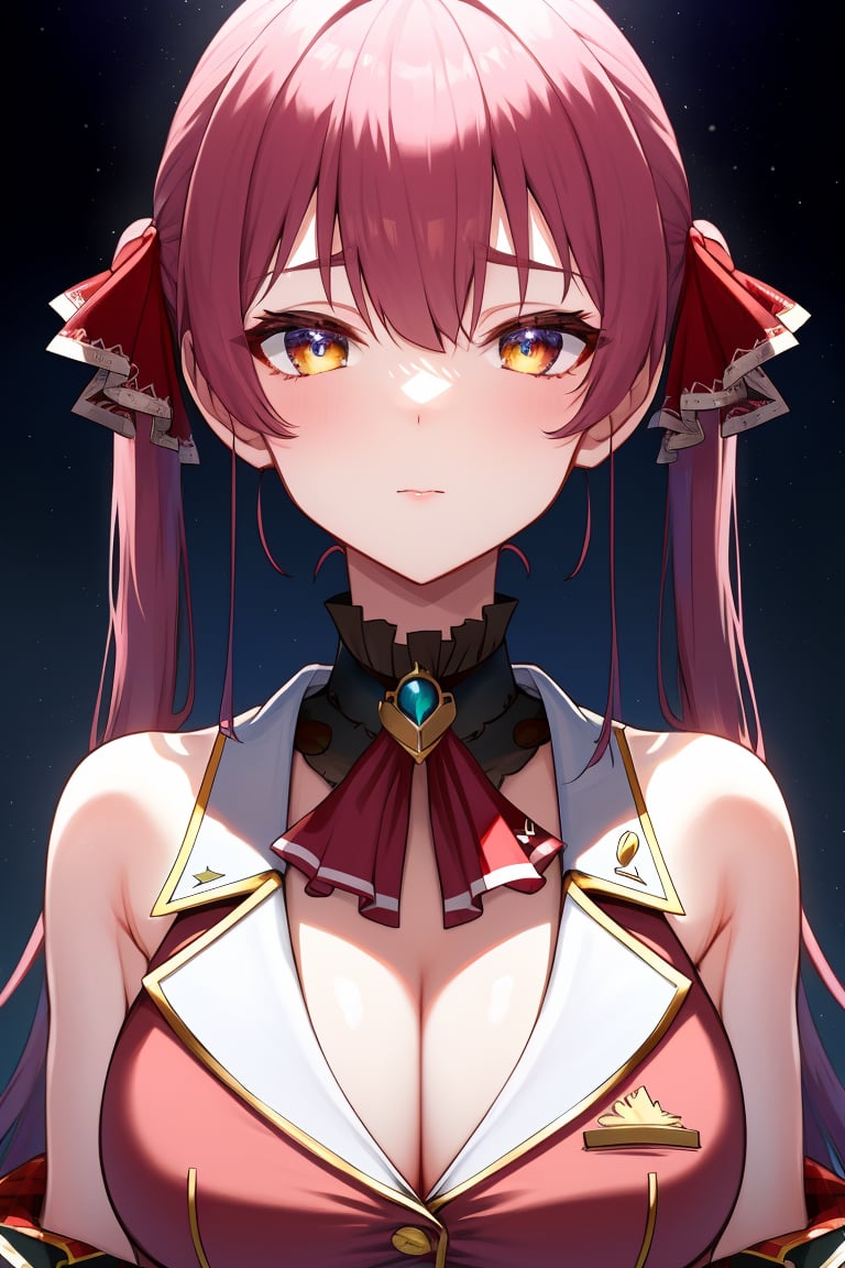 houshou_marine, a Hololive virtual YouTuber, stands out against a sleek, high-tech backdrop in a stunning 4K, UHD shot. Her perfect anatomy is on full display as she poses confidently with an open pose, her expressive eyes shining bright like stars. The soft lighting accentuates the curves of her face and body, while the composition draws attention to her captivating gaze.,More Detail,aamarine