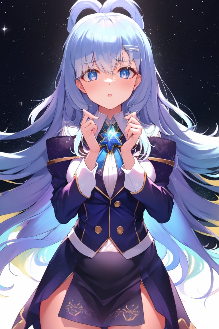 moona hoshinova, a Hololive virtual YouTuber, stands out against a sleek, high-tech backdrop in a stunning 4K, UHD shot. Her perfect anatomy is on full display as she poses confidently with an open pose, her expressive eyes shining bright like stars. The soft lighting accentuates the curves of her face and body, while the composition draws attention to her captivating gaze.,More Detail,KoboKanaeru