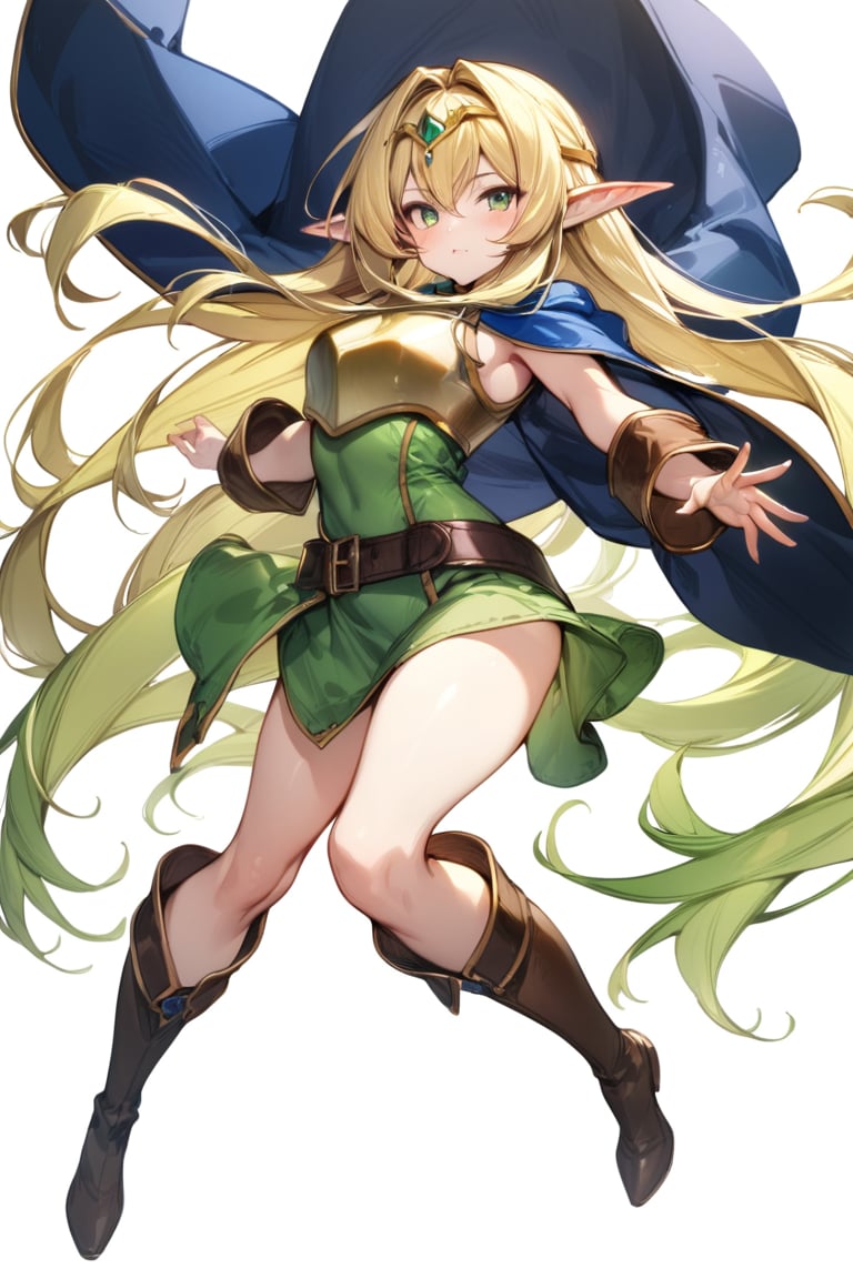 masterpiece, best quality, very aesthetic, absurdres, 
full body, 1girl, deedlit \(record of lodoss war\), elf, pointy ears, very long hair, blonde hair, green eyes, BREAK, 
circlet, blue cape, pauldrons, breastplate, belt, short dress, green dress, sleeveless, brown footwear, knee boots, white background, 