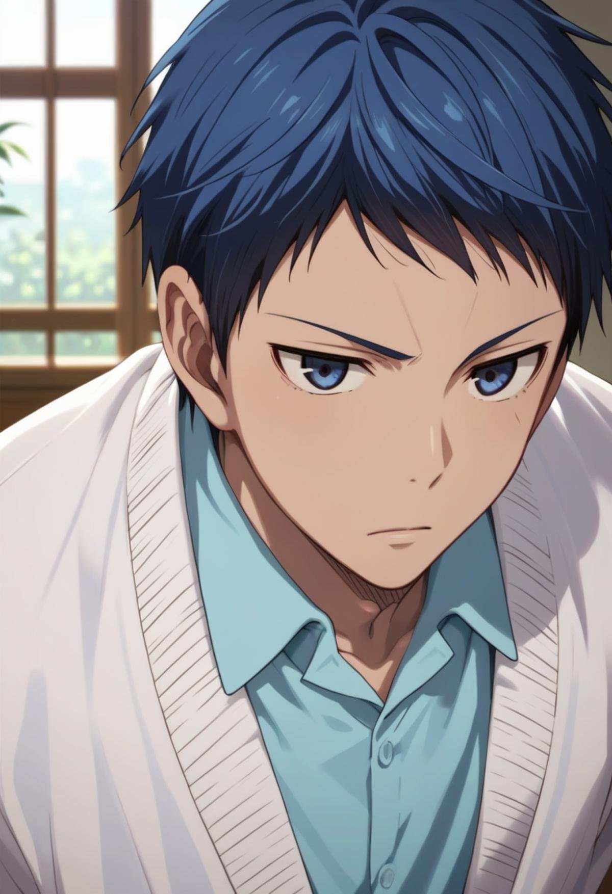 score_9, score_8_up, score_7_up, score_6_up, detailed, ,source_anime, male focus, daiki aomine, blue hair, blue eyes, white jacket, blue shirt, collared shirt<lora:EMS-403139-EMS:1.000000>