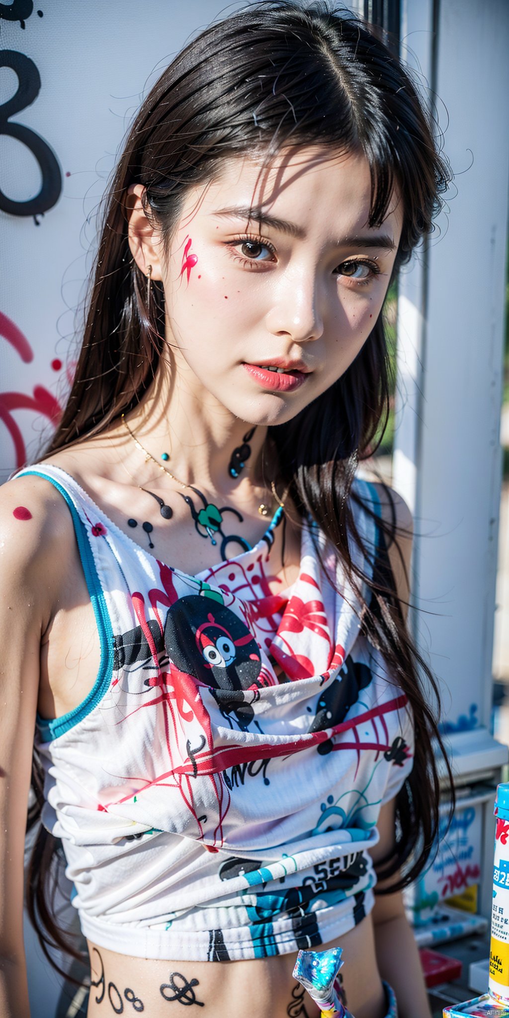 Eight, two, CG, a girl,graffiti, paint,He was covered in graffiti paint., loli,1girl,depth of field