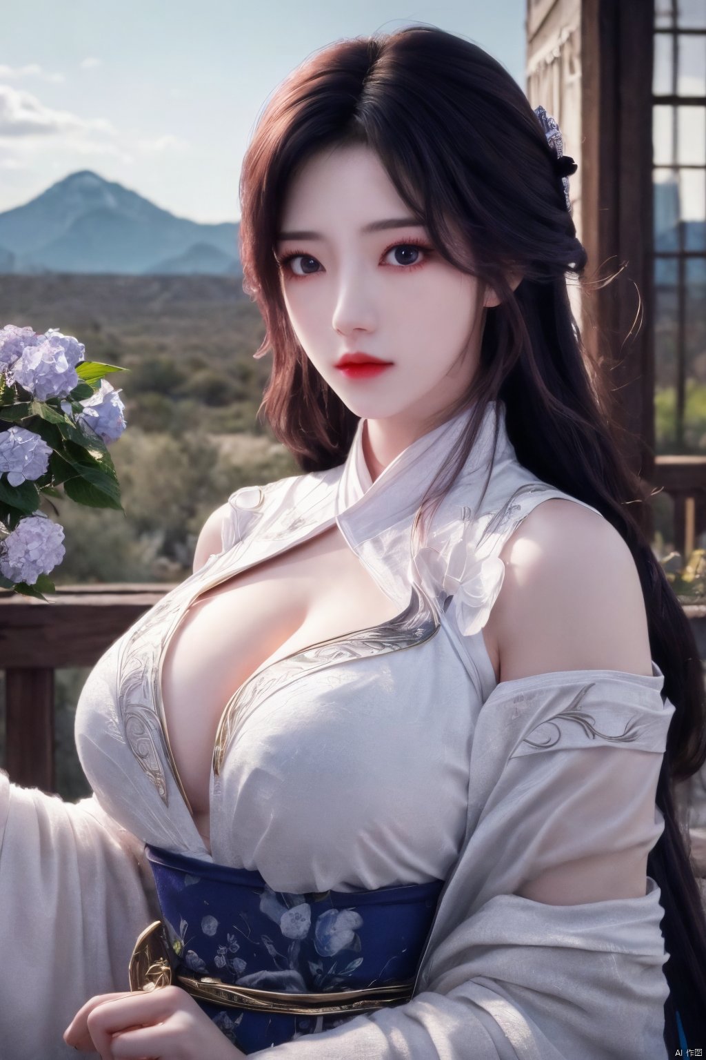 1girl, solo,(8k, raw photo, best quality, masterpiece:1.2), ,upper body,Xyunxi, ty-hd,, (big breasts:1.19), ,xyunxi,x-hydrangea, desert_sky, hanfu,xhuolinger