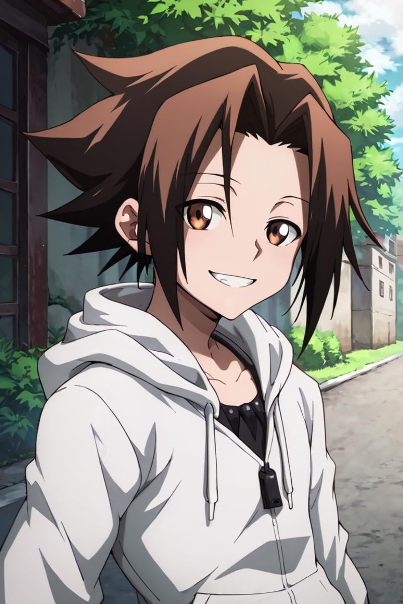 score_9,score_8_up,score_7_up,source_anime,1boy,solo,looking at viewer, Asakura Yoh,brown hair, brown eyes,spiked hair, white hoodie, hoodie, upper body, smile, v, outdoors<lora:EMS-403319-EMS:0.800000>