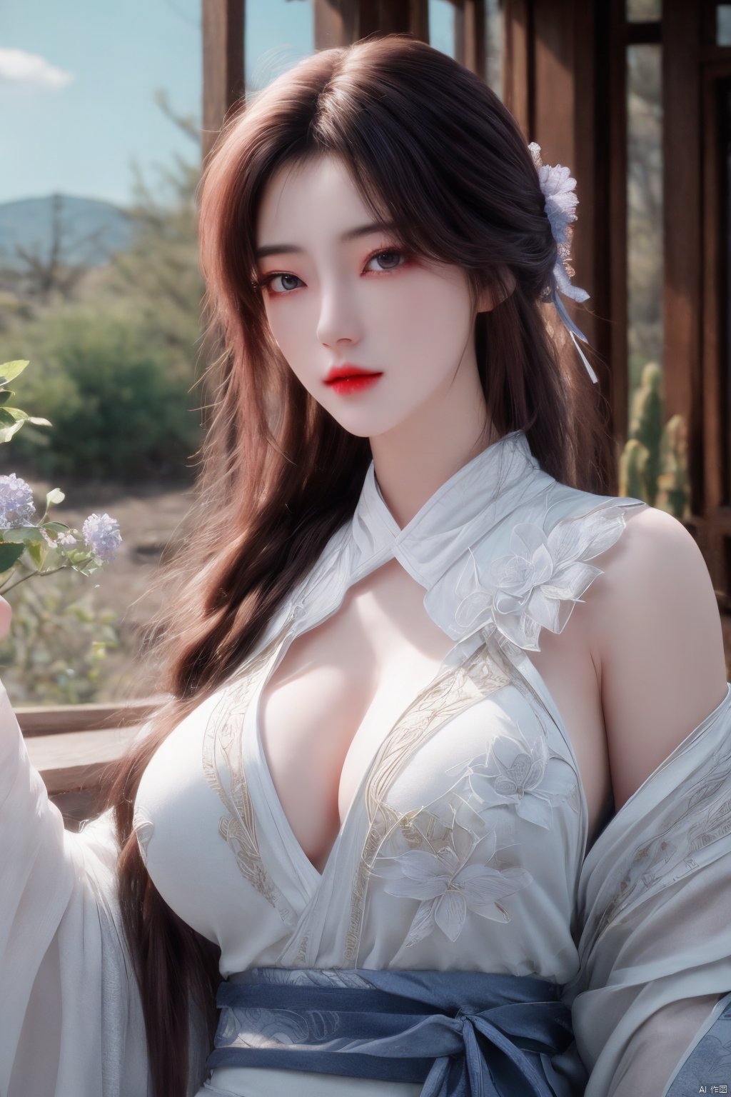 1girl, solo,(8k, raw photo, best quality, masterpiece:1.2), ,upper body,Xyunxi, ty-hd,, (big breasts:1.19), ,xyunxi,x-hydrangea, desert_sky, hanfu