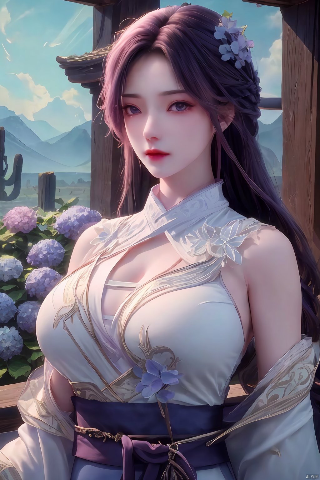 1girl, solo,(8k, raw photo, best quality, masterpiece:1.2), ,upper body,xyunxi, ty-hd,, (big breasts:1.19), ,xyunxi,x-hydrangea, desert_sky, hanfu,xhuolinger