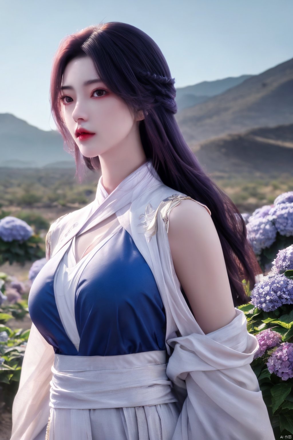 1girl, solo,(8k, raw photo, best quality, masterpiece:1.2), ,upper body,Xyunxi, ty-hd,, (big breasts:1.19), ,xyunxi,x-hydrangea, desert_sky, hanfu,xhuolinger