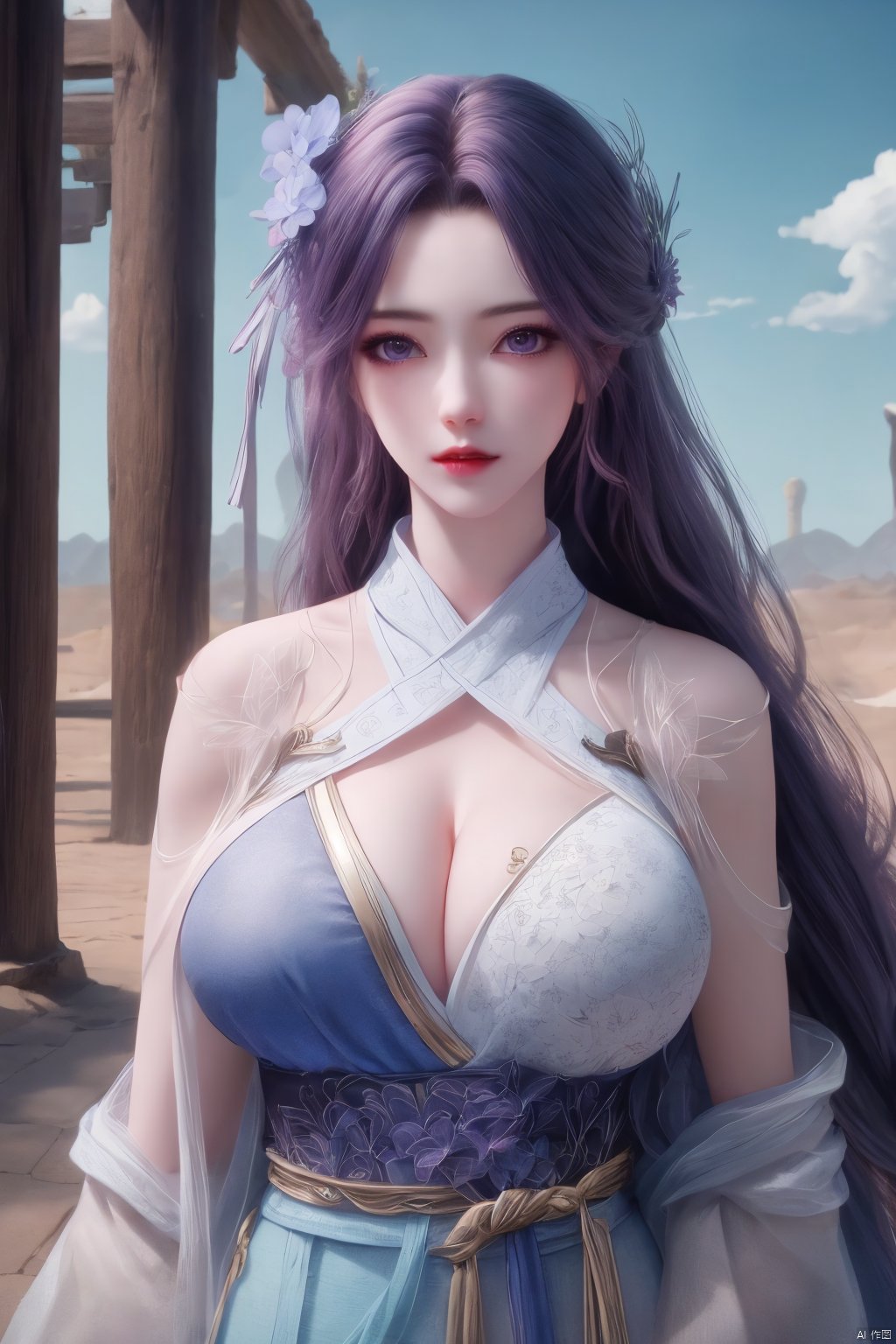 1girl, solo,(8k, raw photo, best quality, masterpiece:1.2), ,upper body,Xyunxi, ty-hd,, (big breasts:1.19), ,xyunxi,x-hydrangea, desert_sky, hanfu