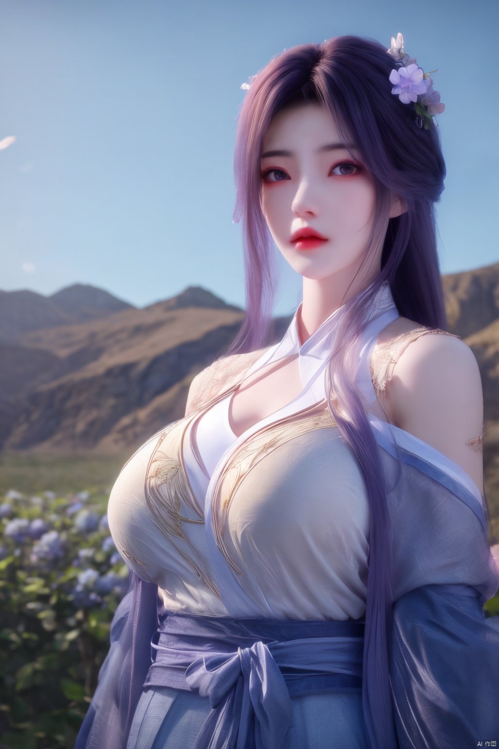 1girl, solo,(8k, raw photo, best quality, masterpiece:1.2), ,upper body,Xyunxi, ty-hd,, (big breasts:1.19), ,xyunxi,x-hydrangea, desert_sky, hanfu,xhuolinger