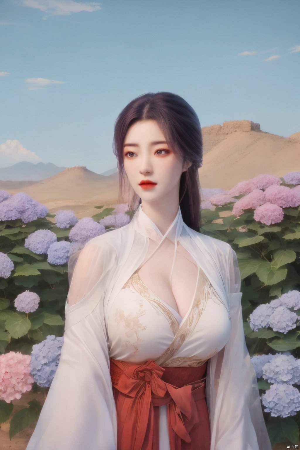 1girl, solo,(8k, raw photo, best quality, masterpiece:1.2), ,upper body,Xyunxi, ty-hd,, (big breasts:1.19), ,xyunxi,x-hydrangea, desert_sky, hanfu