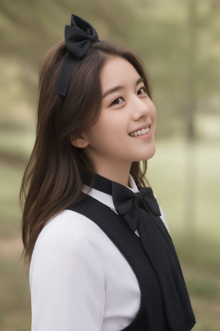 1girl, solo, long hair, looking at viewer, shirt, black hair, bow, school uniform, white shirt, upper body, parted lips, teeth, collared shirt, bowtie, blurry, black eyes, from side, sweater, lips, looking to the side, black bow, depth of field, blurry background, black bowtie, realistic