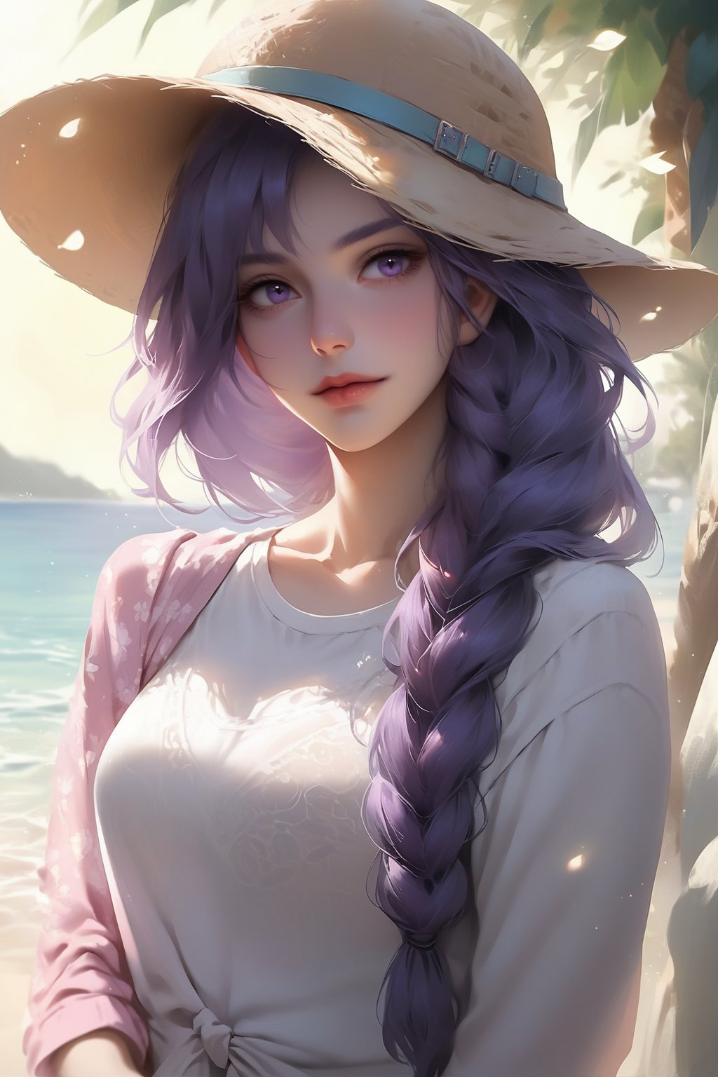  score_9, score_8_up, score_7_up, score_6_up, score_5_up, score_4_up, 1girl, solo, close shot, perfect face, looking at viewer, purple hair, long hair, braid over shoulder, straight hair, casual clothes, shirt, long sleeve, hat, outdoors, beach, chiaroscuro, sunlight, dropped shadow, portrait