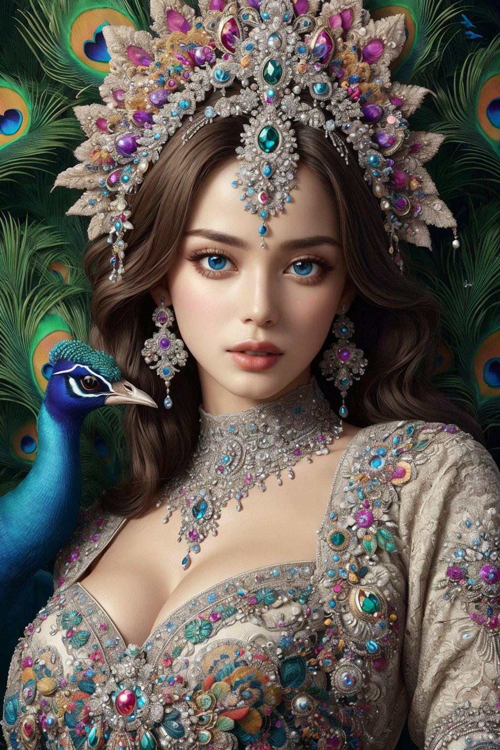 busty and sexy girl, 8k, masterpiece, ultra-realistic, best quality, high resolution, high definition, Peacock feather, hair ornament, jewelry, earrings, necklace, headdress, gem, pearl, peacock feather, colorful, intricate details