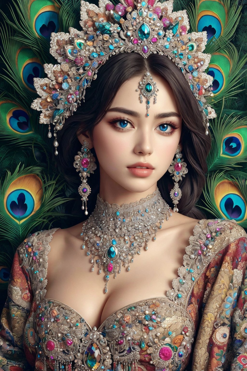 busty and sexy girl, 8k, masterpiece, ultra-realistic, best quality, high resolution, high definition, Peacock feather, hair ornament, jewelry, earrings, necklace, headdress, gem, pearl, peacock feather, colorful, intricate details