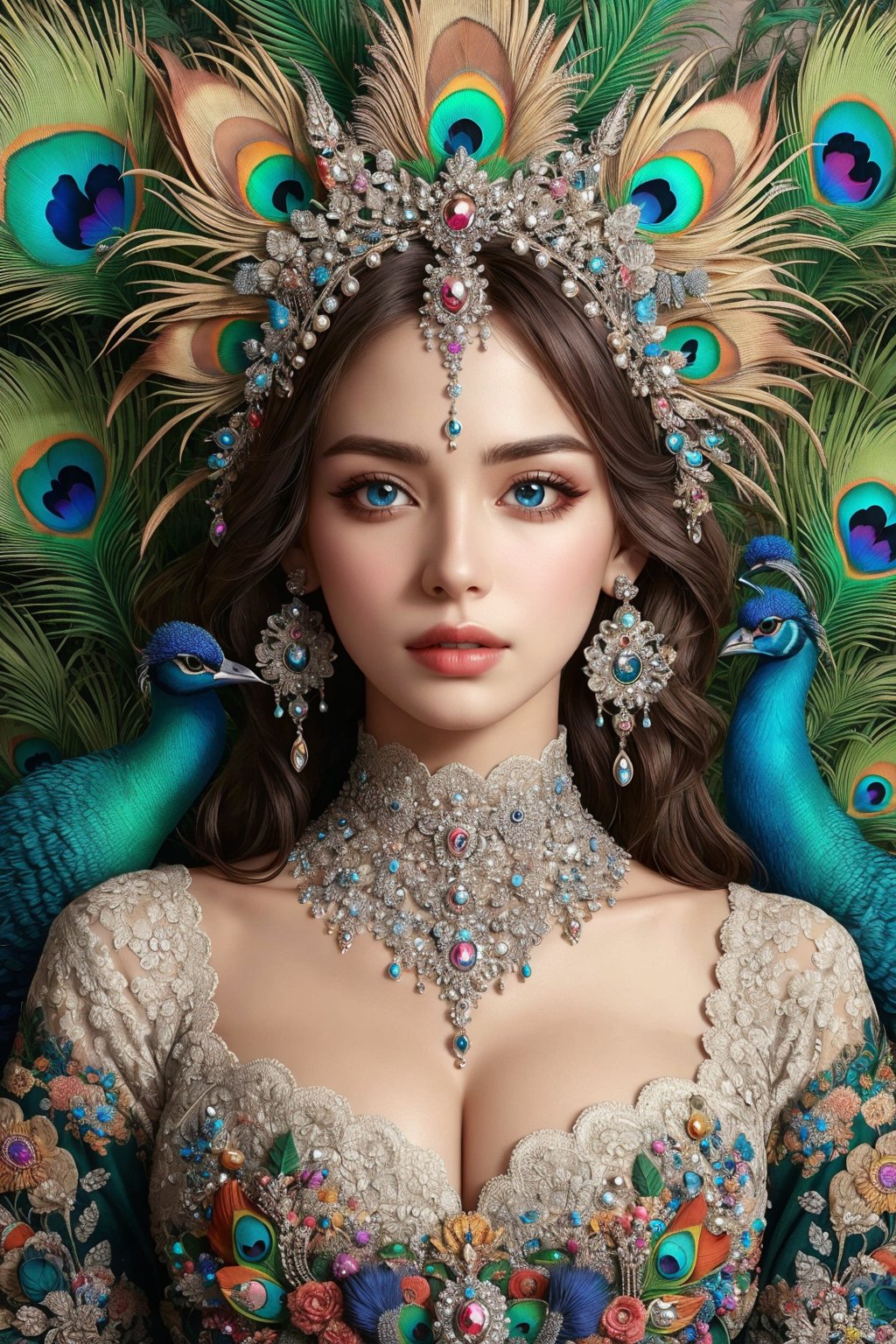 busty and sexy girl, 8k, masterpiece, ultra-realistic, best quality, high resolution, high definition, Peacock feather, hair ornament, jewelry, earrings, necklace, headdress, gem, pearl, peacock feather, colorful, intricate details