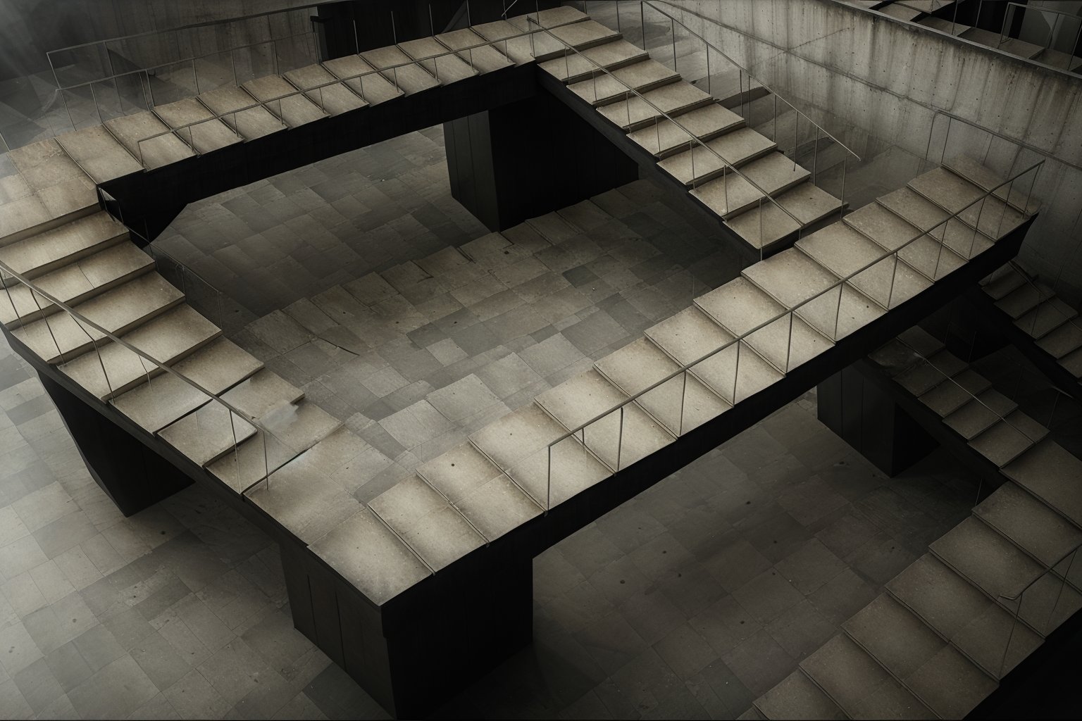 Brutalism Building with infinite looping stairs, penrose stairs,  impossible staircase, optical illusion, in desolated environment, the air is full of dust, very gloomy atmosphere ,Hyperrealism style,penrose_stairs