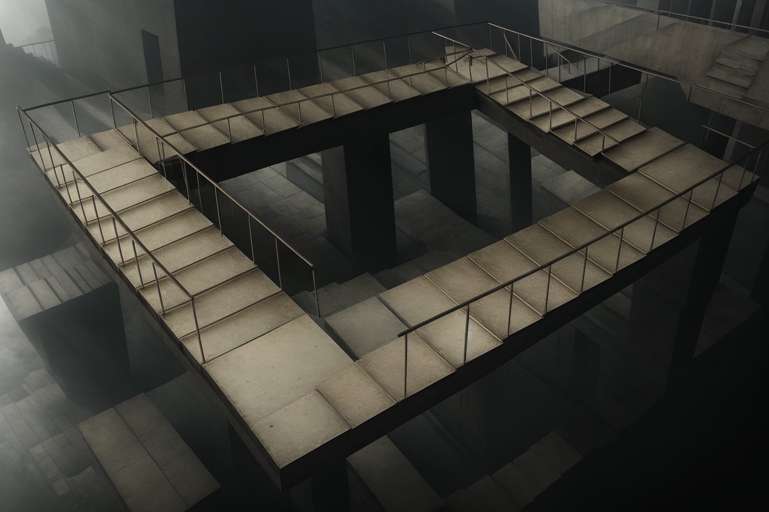 Brutalism Building with infinite looping stairs, penrose stairs,  impossible staircase, optical illusion, in desolated environment, the air is full of dust, very gloomy atmosphere ,Hyperrealism style,penrose_stairs