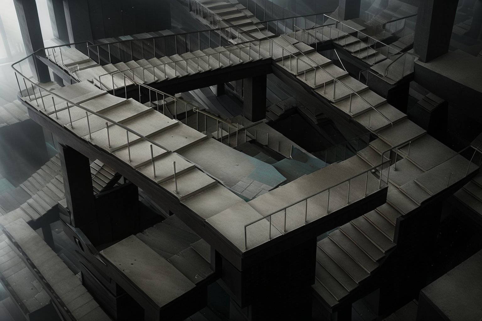 Brutalism Building with infinite looping stairs, penrose stairs,  impossible staircase, optical illusion, in desolated environment, the air is full of dust, very gloomy atmosphere ,Hyperrealism style,penrose_stairs