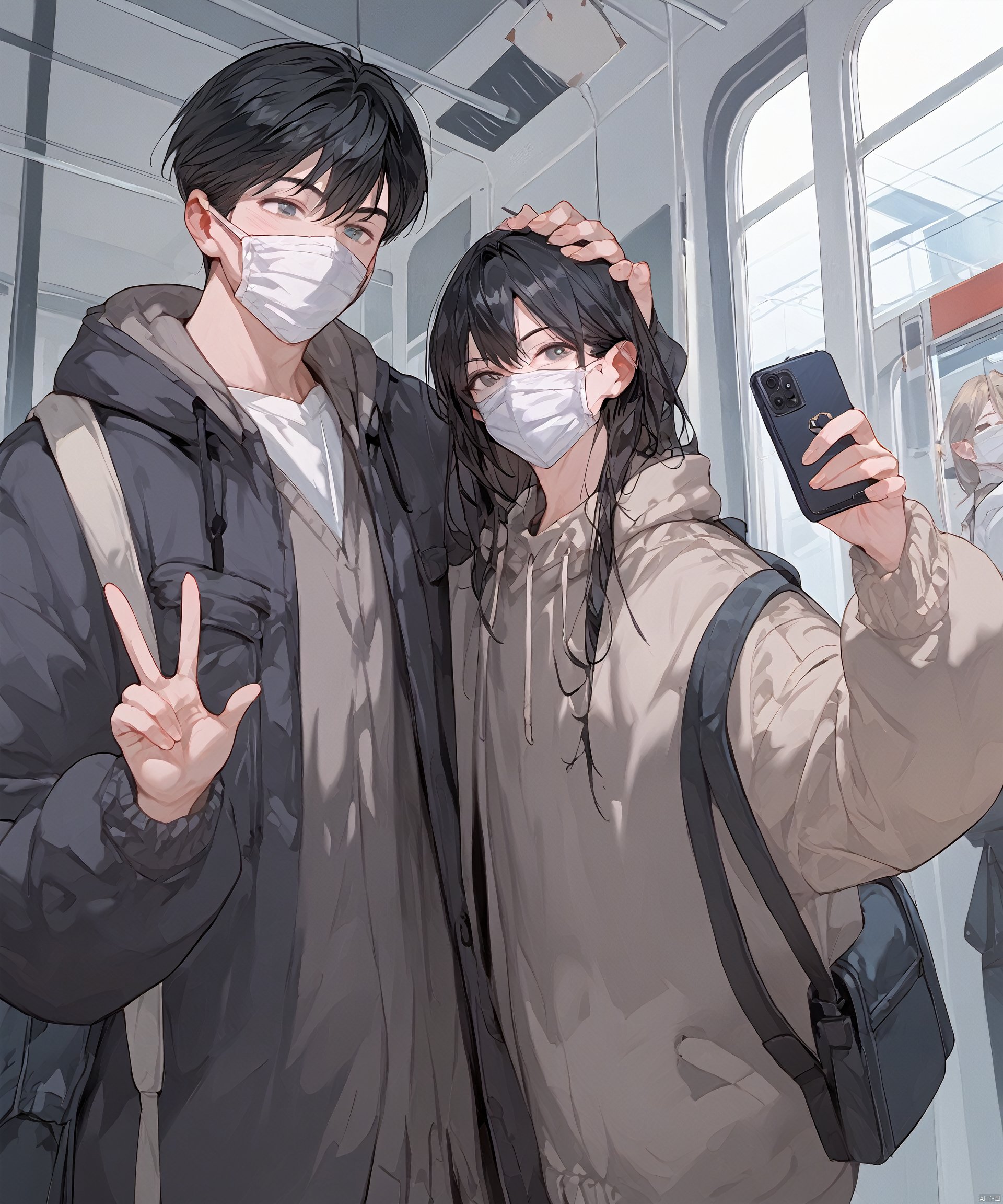 score_9, score_8_up, score_7_up, 1girl, long hair, smile, short hair, blonde hair, black hair, long sleeves, 1boy, holding, jacket, hood, bag, window, v, mask, phone, backpack, cellphone, smartphone, hood up, holding phone, hand on another's head, mouth mask, selfie, train interior, surgical mask, leaning on person, mask pull