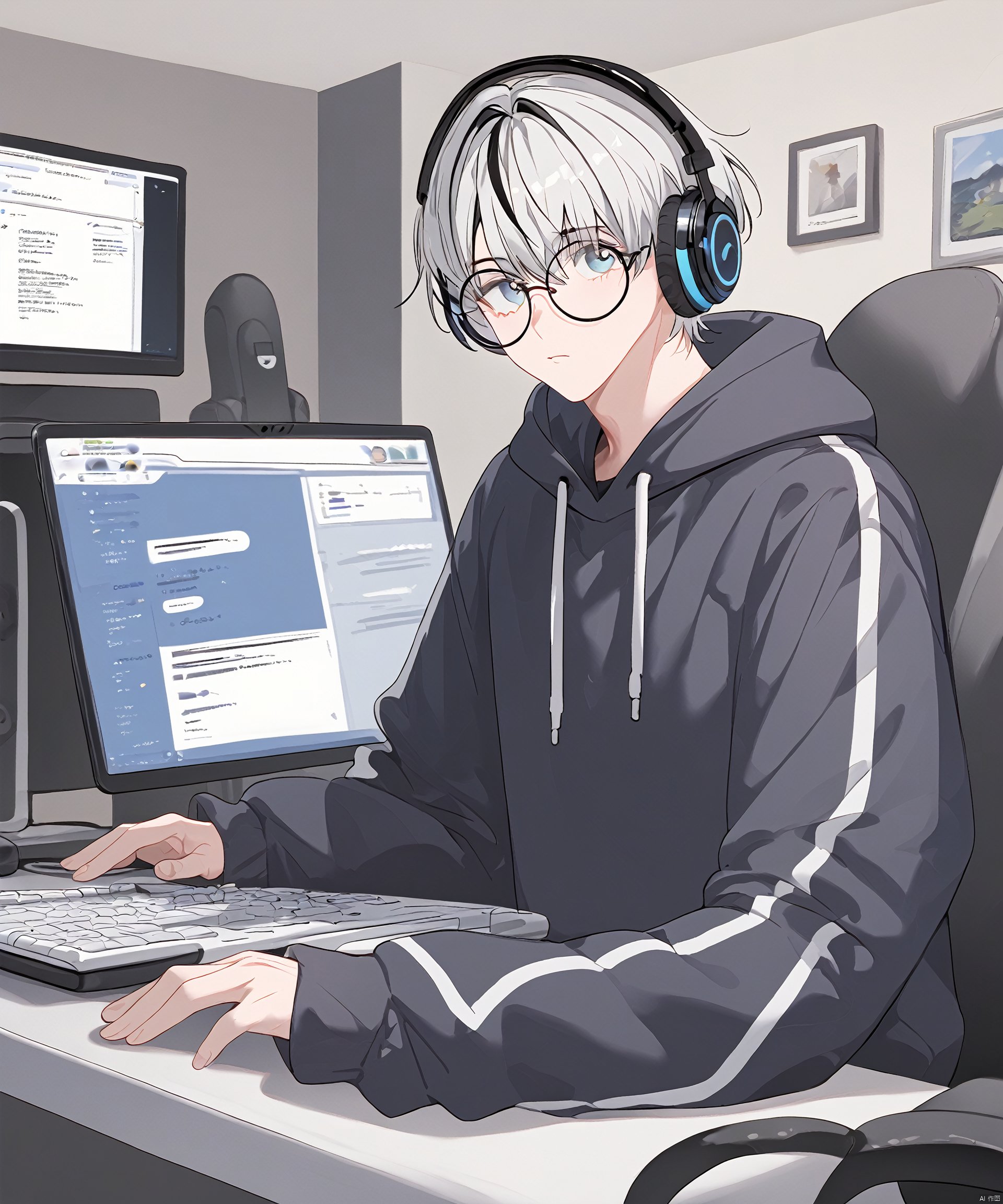 solo, looking at viewer, short hair, long sleeves, 1boy, sitting, upper body, white hair, grey hair, male focus, multicolored hair, glasses, virtual youtuber, hood, hoodie, headphones, chair, hood down, round eyewear, computer, monitor, laptop, keyboard \(computer\), mouse \(computer\)