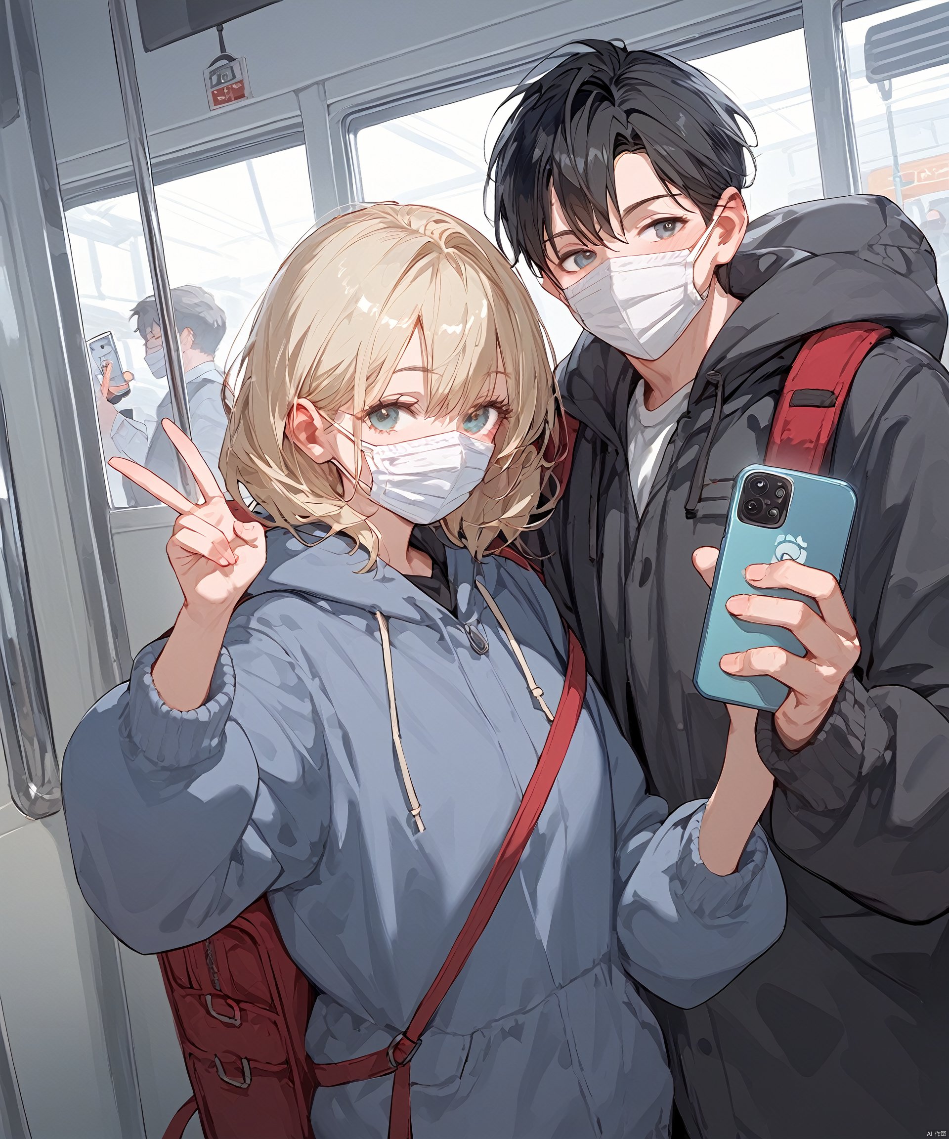 score_9, score_8_up, score_7_up, 1girl, long hair, smile, short hair, blonde hair, black hair, long sleeves, 1boy, holding, jacket, hood, bag, window, v, mask, phone, backpack, cellphone, smartphone, hood up, holding phone, hand on another's head, mouth mask, selfie, train interior, surgical mask, leaning on person, mask pull