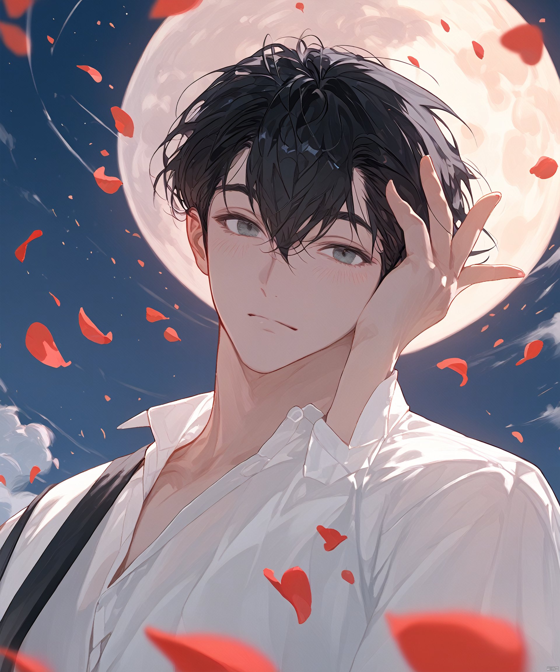 score_9, score_8_up, score_7_up, solo, looking at viewer, short hair, shirt, black hair, 1boy, hair between eyes, white shirt, upper body, short sleeves, male focus, sky, collared shirt, arm up, petals, moon, wind, star \(sky\), stairs