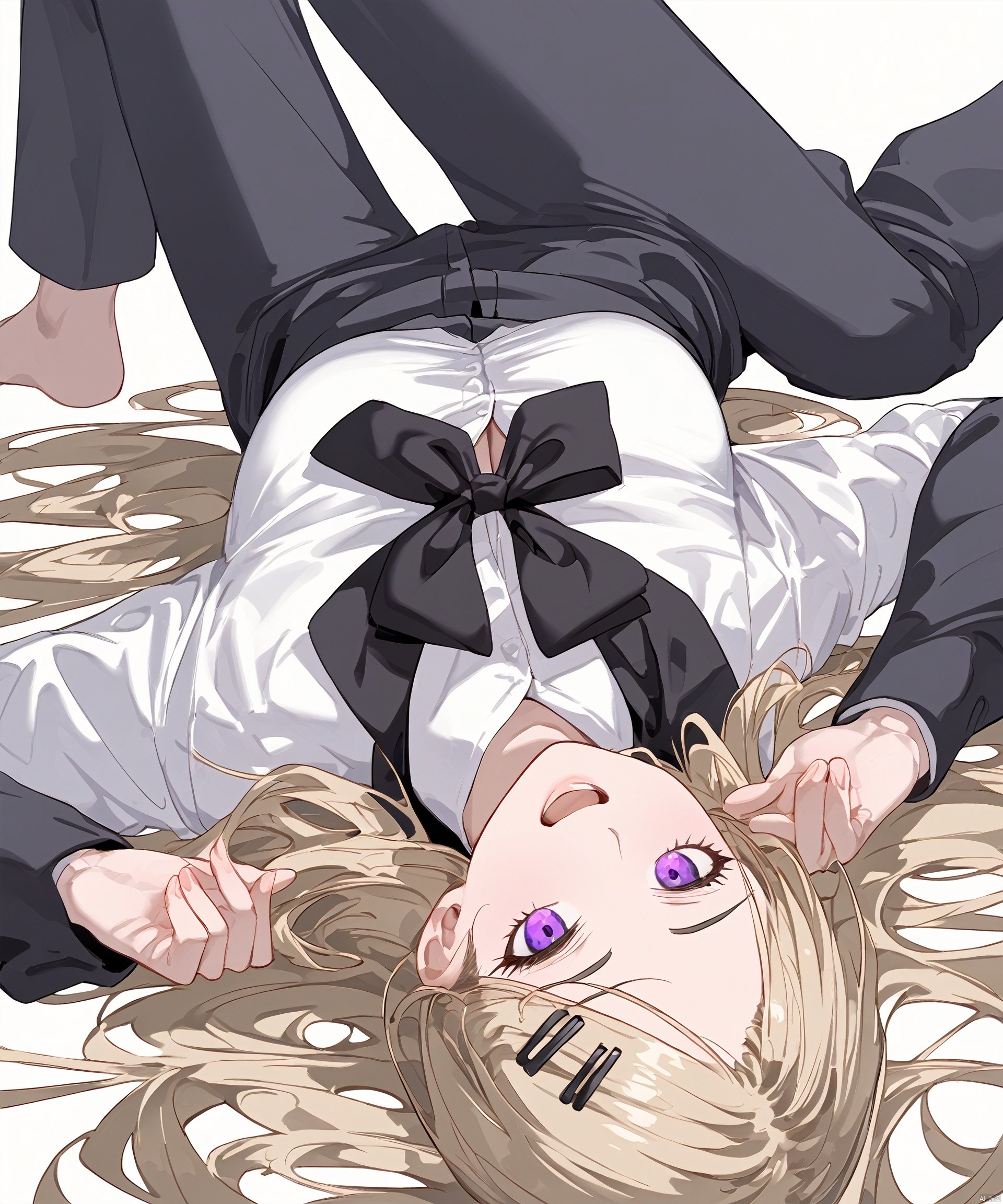 1girl, solo, long hair, breasts, looking at viewer, smile, open mouth, blonde hair, simple background, shirt, hair ornament, long sleeves, white background, bow, purple eyes, white shirt, lying, teeth, hairclip, collared shirt, pants, on back, bowtie, black bow, feet out of frame, black pants, black bowtie