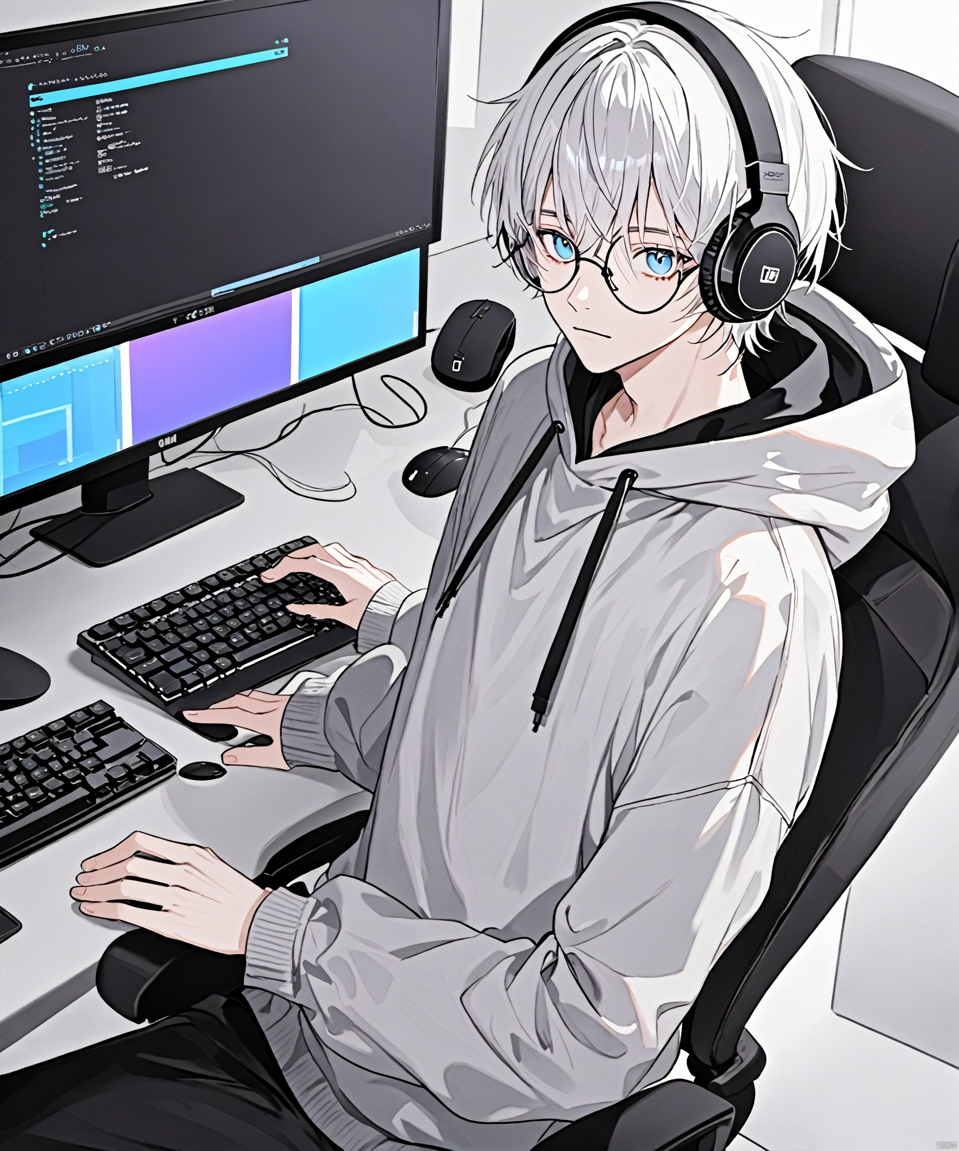 solo, looking at viewer, short hair, long sleeves, 1boy, sitting, upper body, white hair, grey hair, male focus, multicolored hair, glasses, virtual youtuber, hood, hoodie, headphones, chair, hood down, round eyewear, computer, monitor, laptop, keyboard \(computer\), mouse \(computer\)