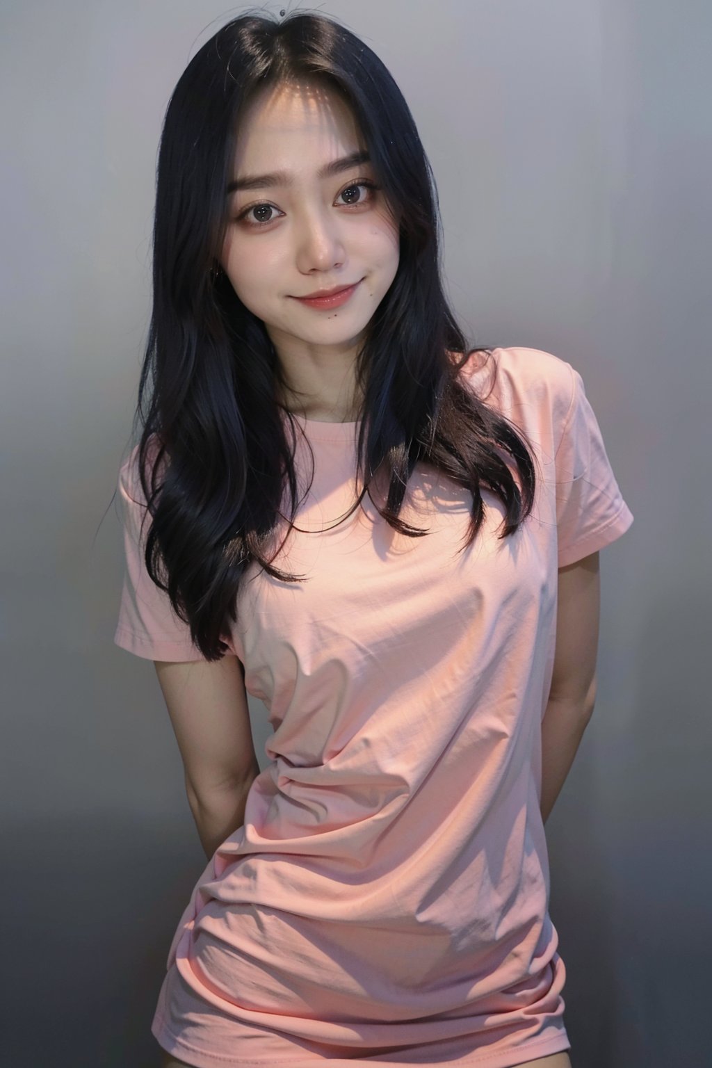 best quality,masterpiece,ultra high res,looking at viewer,simple background, 1girl, solo, looking_at_viewer, black hair,realistic,(standing),slim,(smile)(,hands_behind_back),