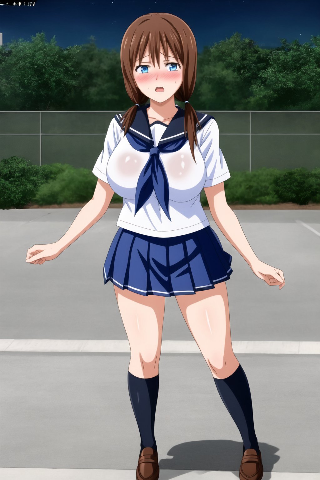 1girl, solo, long hair, breasts, looking at viewer, blush, open mouth, blue eyes, skirt, large breasts, brown hair, shirt, twintails, school uniform, white shirt, short sleeves, pleated skirt, outdoors, serafuku, blue skirt, thighs, black stockings, school's shoes, neckerchief, night, low twintails, covering, covering breasts, standing, full body, fake screenshot