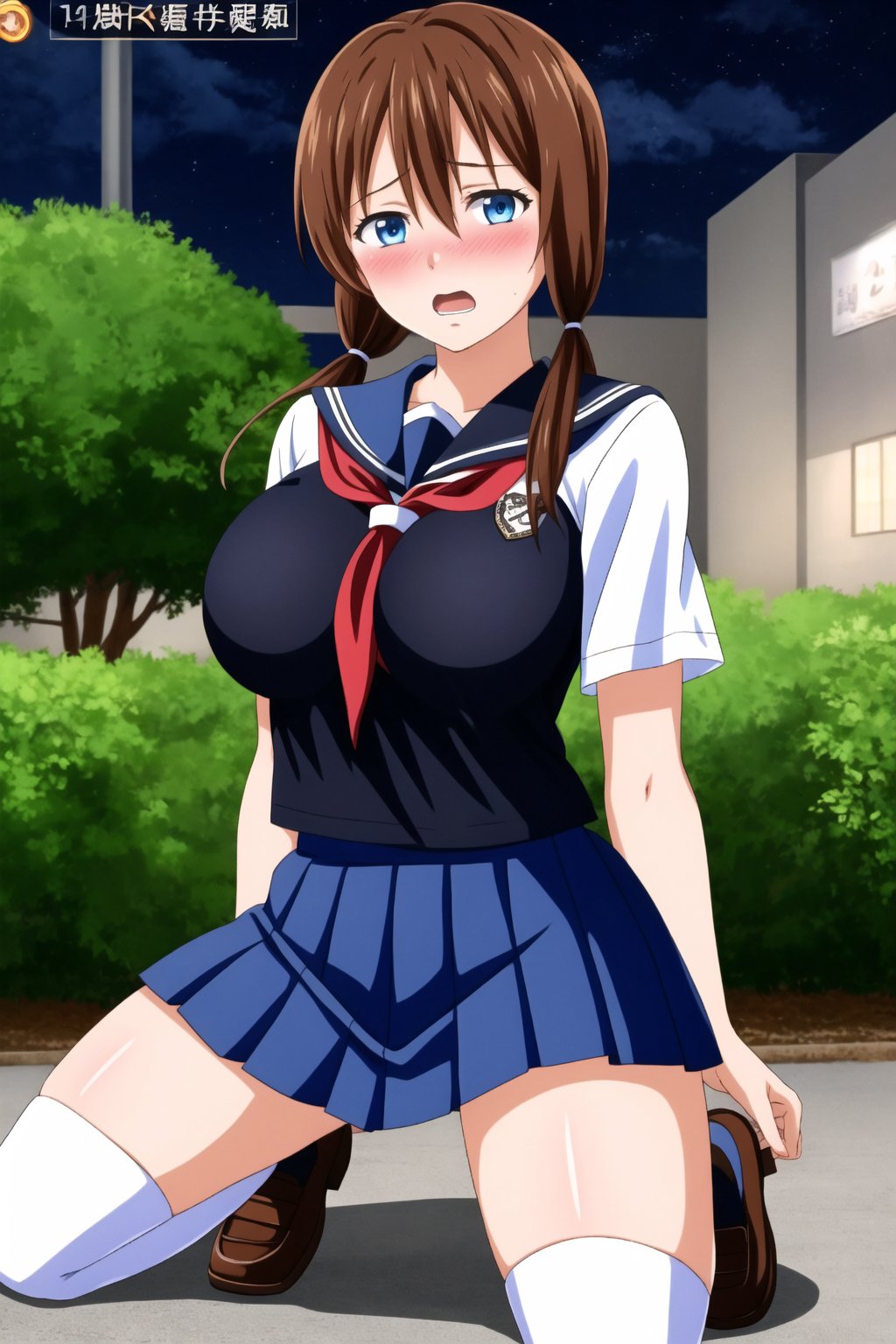 1girl, solo, long hair, breasts, looking at viewer, blush, open mouth, blue eyes, skirt, large breasts, brown hair, shirt, twintails, school uniform, white shirt, short sleeves, pleated skirt, outdoors, serafuku, blue skirt, thighs, black stockings, women's shoes, neckerchief, night, low twintails, covering, covering breasts, fake screenshot