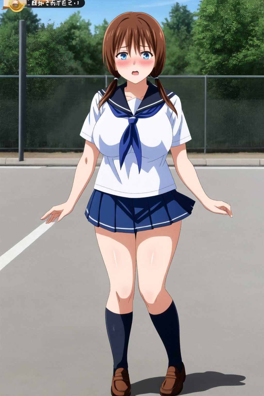 1girl, solo, long hair, breasts, looking at viewer, blush, open mouth, blue eyes, skirt, large breasts, brown hair, shirt, twintails, school uniform, white shirt, short sleeves, pleated skirt, outdoors, serafuku, blue skirt, thighs, black stockings, school's shoes, neckerchief, night, low twintails, covering, covering breasts, standing, full body, fake screenshot