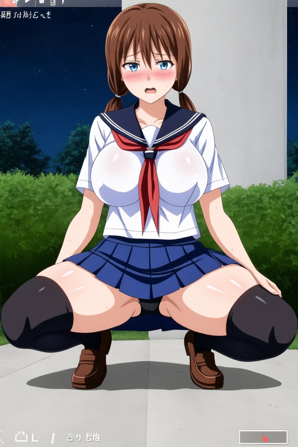 1girl, solo, long hair, breasts, looking at viewer, blush, open mouth, blue eyes, skirt, large breasts, brown hair, shirt, twintails, school uniform, white shirt, short sleeves, pleated skirt, outdoors, serafuku, blue skirt, thighs, black stockings, women's shoes, neckerchief, night, low twintails, covering, covering breasts, fake screenshot