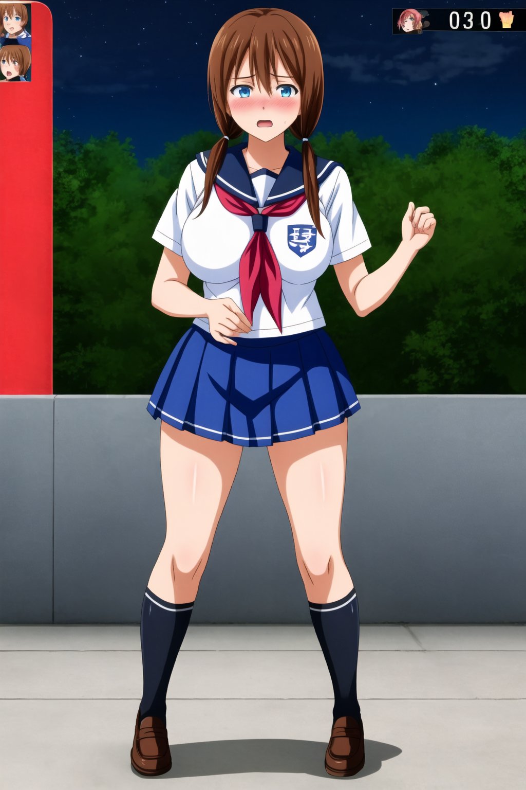 1girl, solo, long hair, breasts, looking at viewer, blush, open mouth, blue eyes, skirt, large breasts, brown hair, shirt, twintails, school uniform, white shirt, short sleeves, pleated skirt, outdoors, serafuku, blue skirt, thighs, black stockings, school's shoes, neckerchief, night, low twintails, covering, covering breasts, standing, full body, fake screenshot