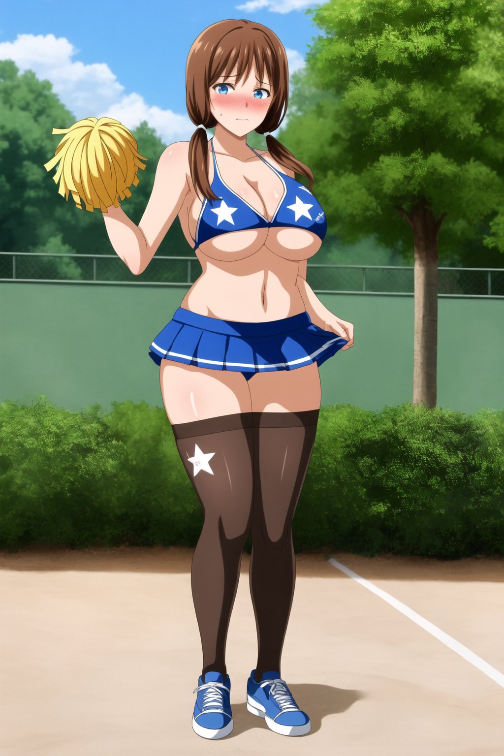 1girl, solo, long hair, breasts, looking at viewer, blush, blue eyes, skirt, large breasts, brown hair, holding, cleavage, twintails, full body, standing, swimsuit, bikini, outdoors, day, shiny, star \( symbol\), huge breasts, tree, clothing cutout, underboob, red skirt, nose blush, low twintails, embarrassed, letterboxed, blue bikini, microskirt, cheerleader, pom pom \(cheerleading\), star print, stockings, blue pantyhose ( print/yellow stars), athletic_shoe