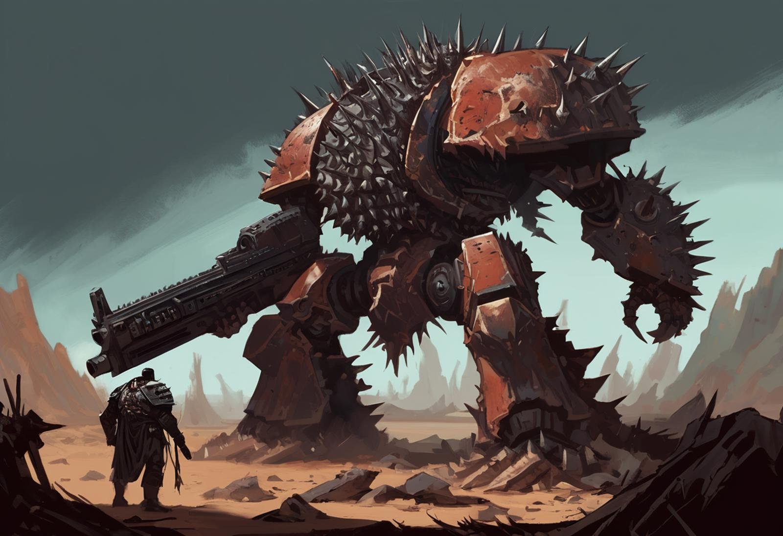 A digital painting of a defiled Chaos Dreadnought. The massive machine is shown from a three-quarter view, its legs planted firmly on the ground as it aims its massive weapons at the small human figure standing in front of it. The Dreadnought is covered in spikes and other sharp protrusions, and its body is a twisted mass of metal and flesh. The human figure is standing to the right of the Dreadnought, his lasgun raised in a futile attempt to defend himself. The background is a barren wasteland, with a single large rock providing the only cover. By Jeff Porter.