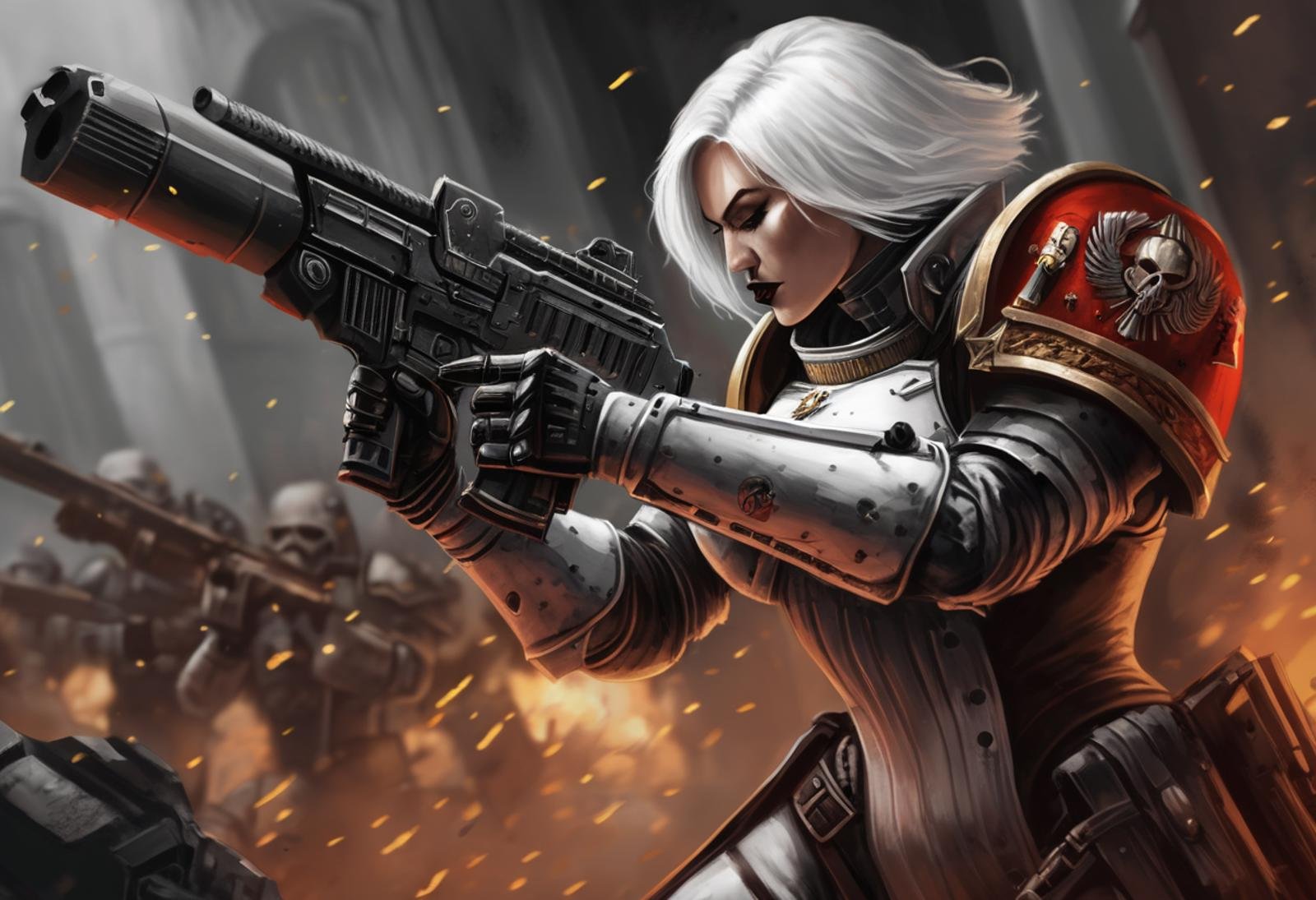 A digital painting of a beautiful (sister of battle of the Adepta Sororitas), short white hair, power armor, aiming a bolter, extremely detailed, action, complex background, gritty, grimdark,detailed facial features