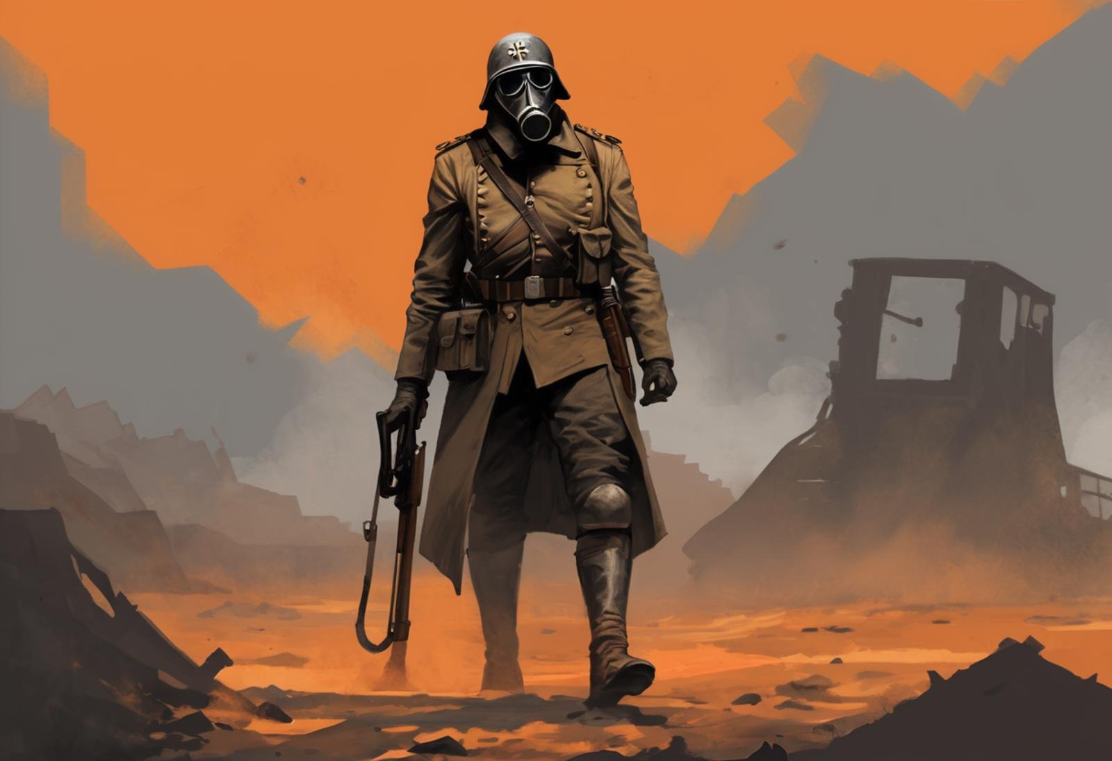 A digital painting of a (Death Korps of Krieg soldier). [gas mask], a steel helmet, and a long coat. He is carrying a (lasgun) and a shovel. He is standing in a barren, war-torn landscape. The sky is orange and the ground is covered in craters. There are no other people visible in the image. By Thibault Ollier.