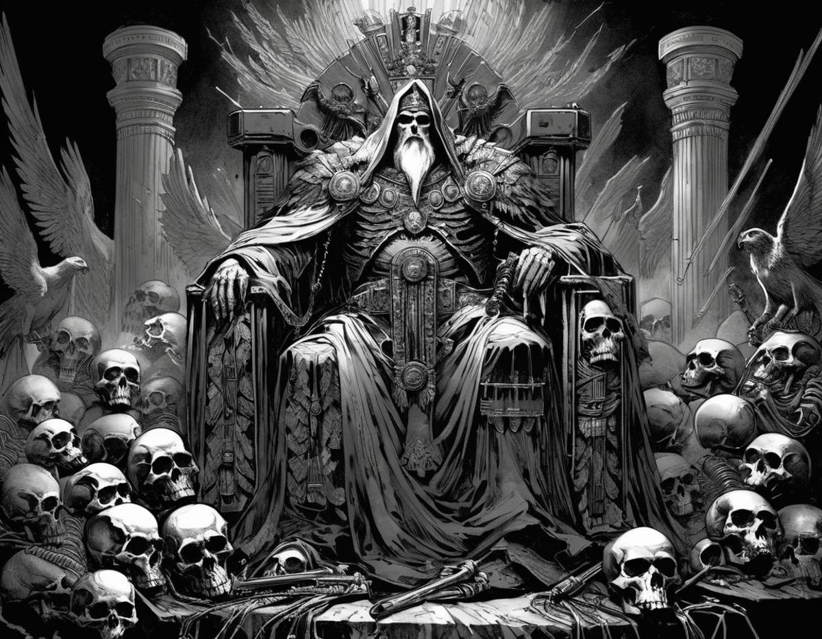 A black and white illustration of the Emperor of Mankind sitting on the Golden Throne. He is surrounded stacked piles of skulls. The Emperor's  body slowly decaying, he is a skeletal figure with a long white beard. He is wearing ornate robes and has a laurel wreath on his head. Wires and tubes are connected to his body. The background is a dark, swirling vortex.concept art, vignette, Imperial Aquila, grimdark, warhammer 40k artwork,  intricately detailed. By John Blanche.